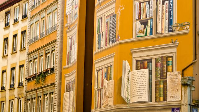 Fresque "La bibliothèque de la cité" située dans le centre-ville de Lyon