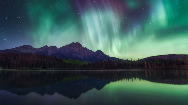 Northern lights over Patricia Lake in Jasper National Park, Alberta