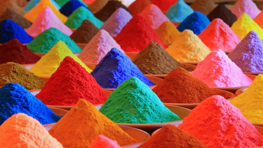 Multicolored powders for sale during Holi