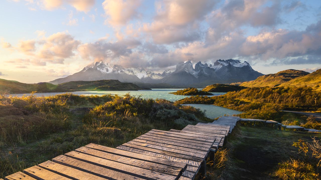 Trekking Wooden Boardwalk, Snow-capped Mountains, Turquoise Lake at Sunset, Torres del Paine National Park, Patagonia, Chile