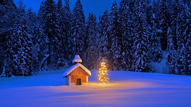 Chapelle avec sapin de Noël dans les Alpes bavaroises, Allemagne