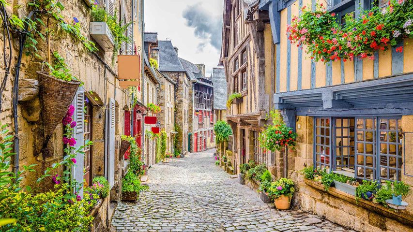 Rue du Petit-Fort et ses jardinières fleuries, Dinan, Côtes-d’Armor, Bretagne