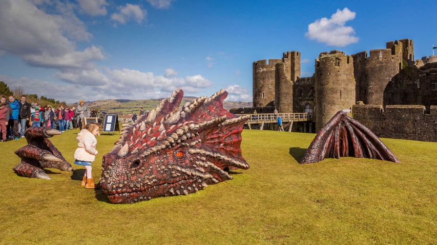 A red dragon sculpture at Caerphilly Castle for St David's Day